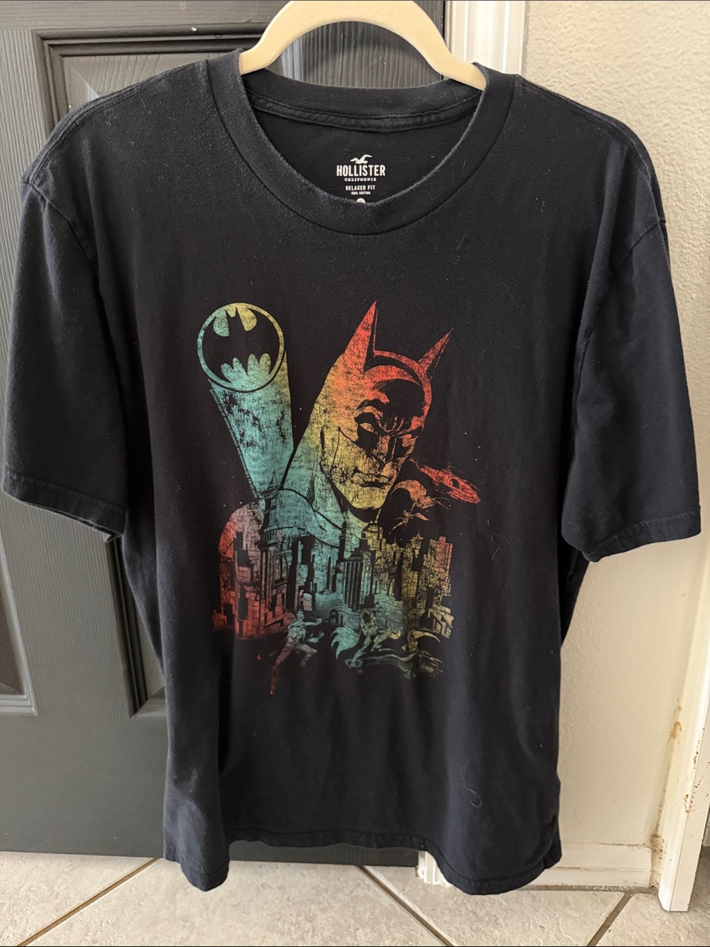 Hollister Black Batman Graphic Tee with Rainbow Cityscape